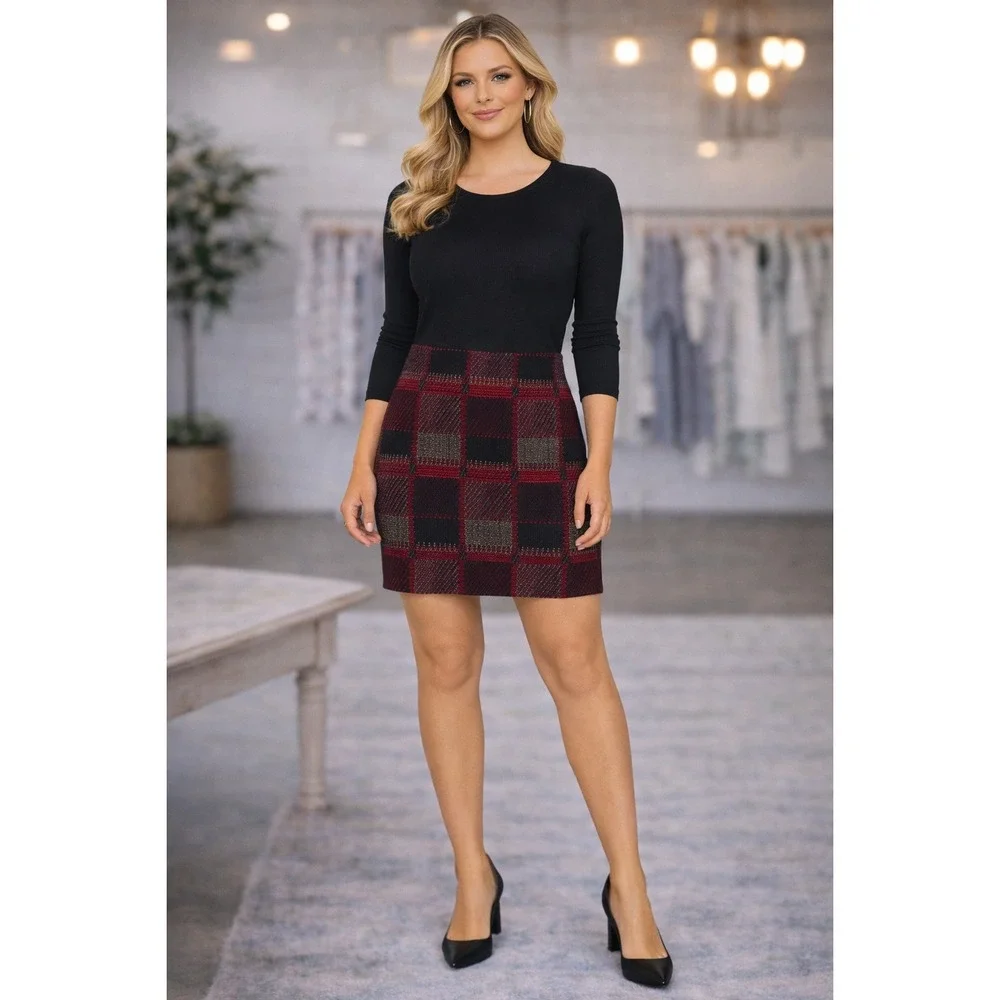 J‎ MCLAUGHLIN Plaid Check Knit Skirt Red Black Metallic Mini Lined 6 Wool Blend